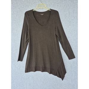 Eileen Fisher Womens Asymmetrical Tunic Top Size M Brown V Neck Long Sleeve